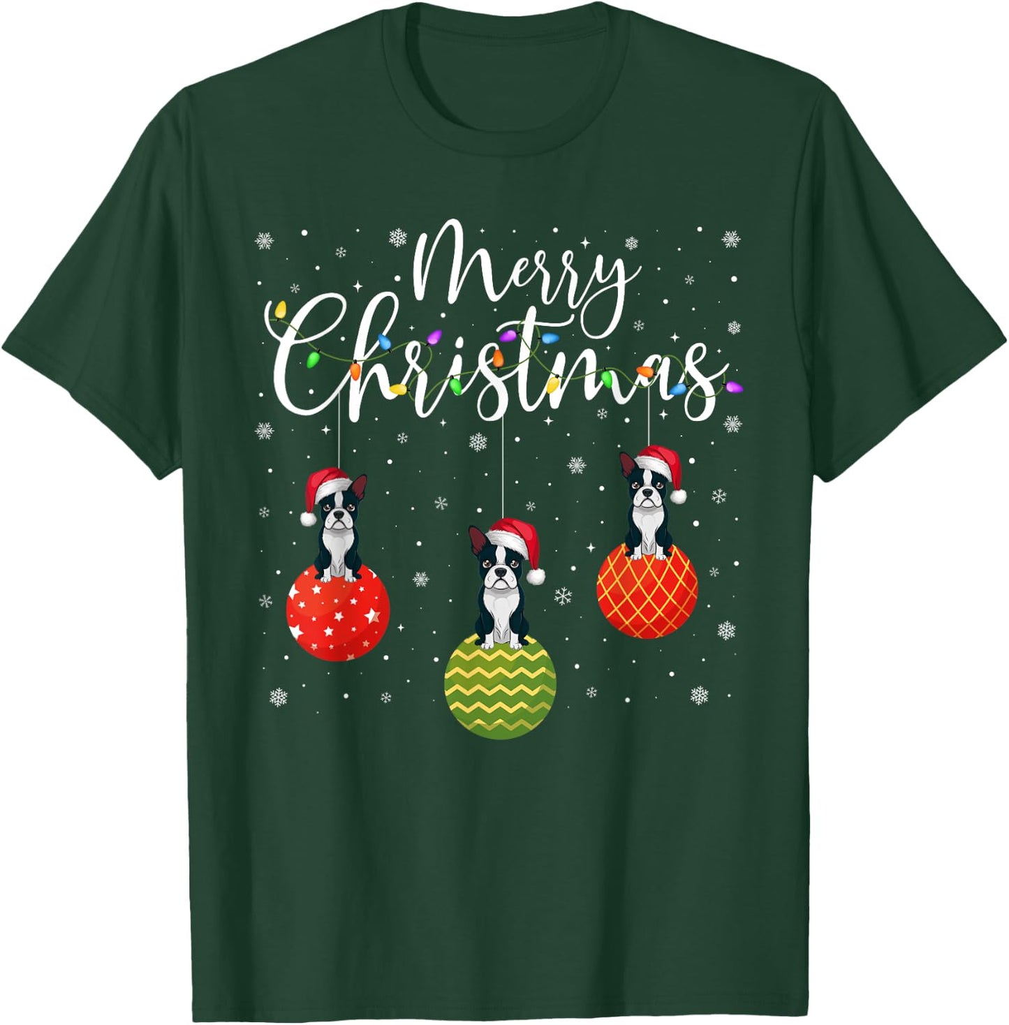 Merry Christmas Lights Santa Hat Boston Terrier Ugly Xmas T-Shirt - T-Shirt | Forest