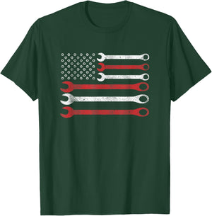 Wrench Nuts USA Flag Spanner Patriotic Mechanic Shirt Women Men T-Shirt - T-Shirt | Forest