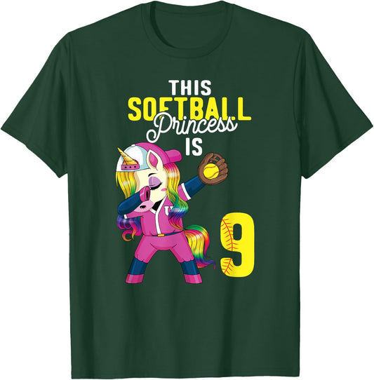 This Softball Princess is 9th Birthday Unicorn Dabbing Gift T-Shirt - T-Shirt | Forest