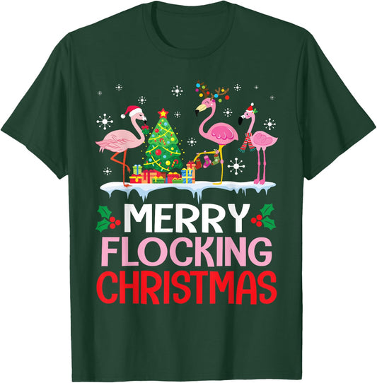 Flamingo Noel Hats Dancing On Snow Merry Flocking Christmas T-Shirt - T-Shirt | Forest