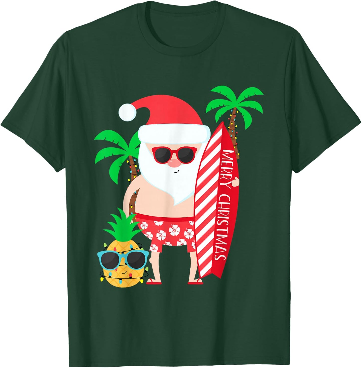 Santa Surfing Hawaiian Beach Christmas in July Tropical T-Shirt - T-Shirt | Forest
