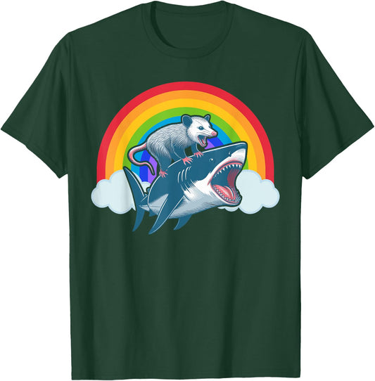 Funny Opossum Riding Shark Rainbow Possum Trash Marsupial T-Shirt - T-Shirt | Forest
