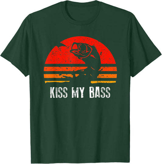 Retro Fishing Shirt Kiss My Bass Vintage Gift T-Shirt - T-Shirt | Forest