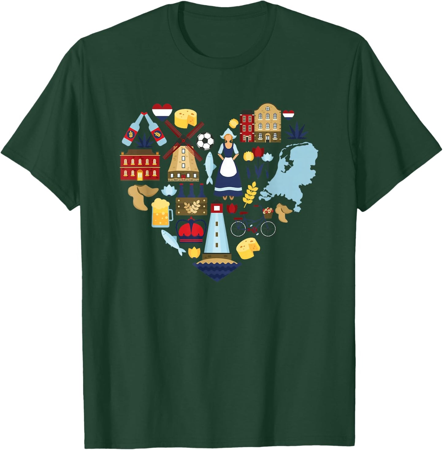 Netherlands Heart Tulips Windmill Canal Dutch Delight T-Shirt - T-Shirt | Forest