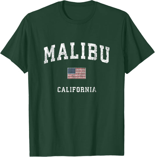 Malibu California CA Vintage American Flag Sports Design Women Kids Men T-Shirt - T-Shirt | Forest