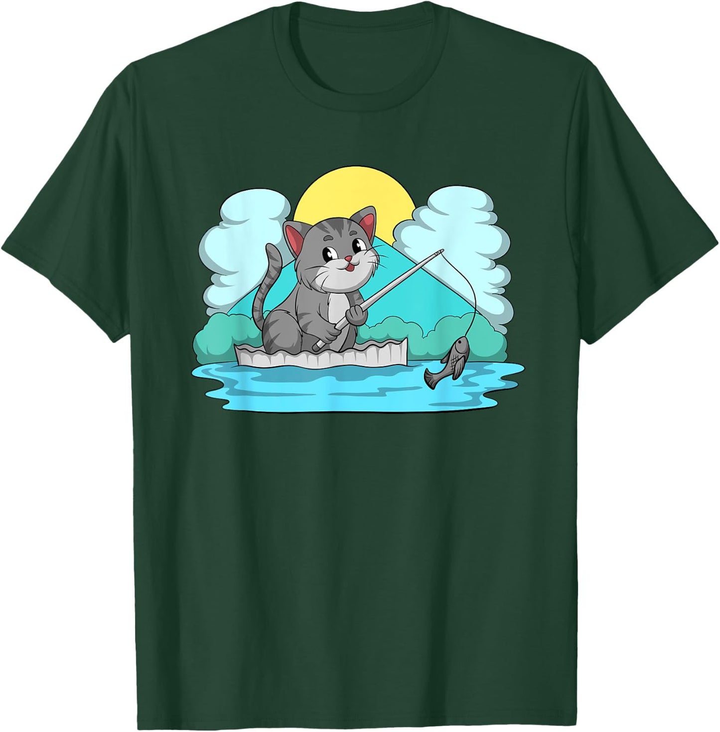 Funny Kitten Cute Kawaii Neko Cat Fishing Men Women Kids T-Shirt - T-Shirt | Forest