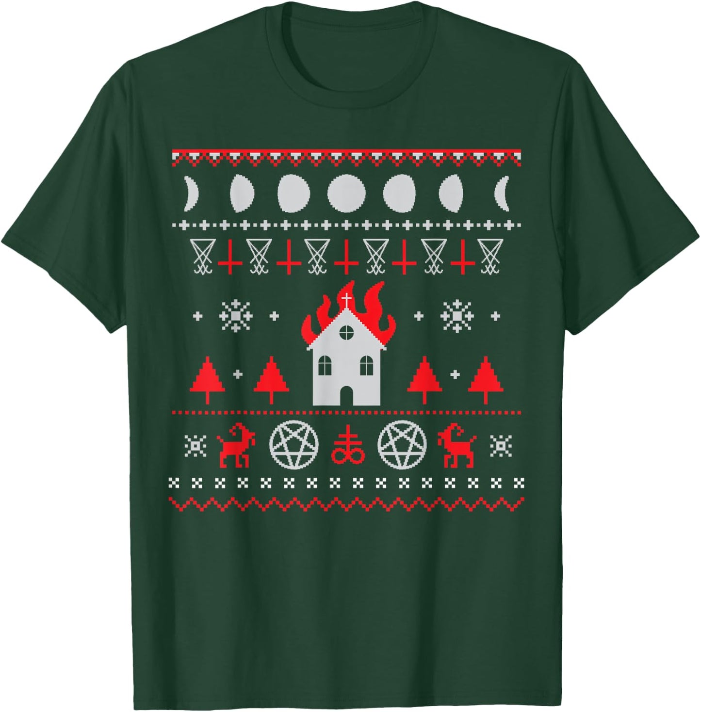 The Eldest Cult | Ugly Anti Christmas Sweater Gift - Burning Church Satanic Lucifer Pentagram Upside Down Cross T-Shirt - T-Shirt | Forest
