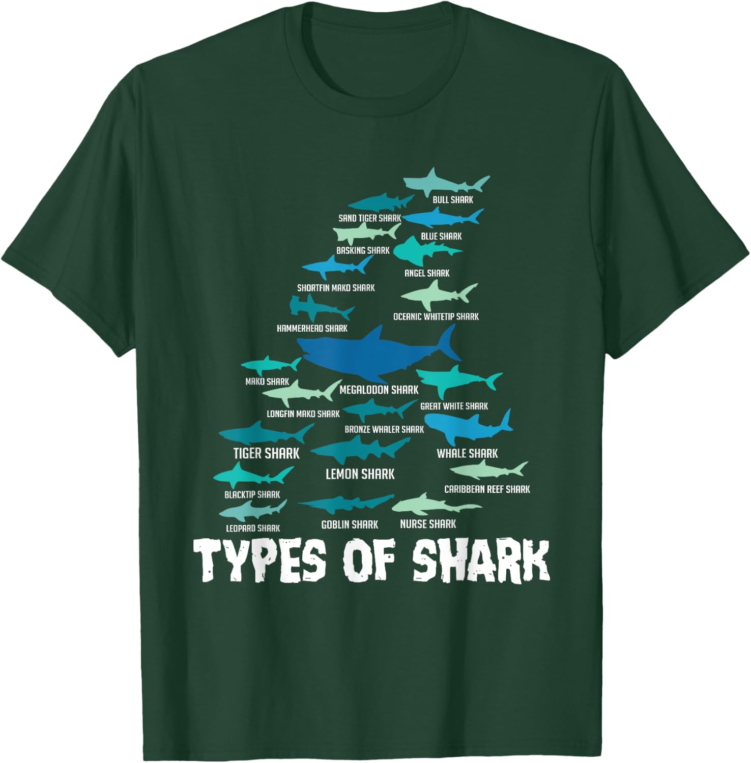 Types of Shark Megalodon Great White Nurse Shark T-Shirt - T-Shirt | Forest