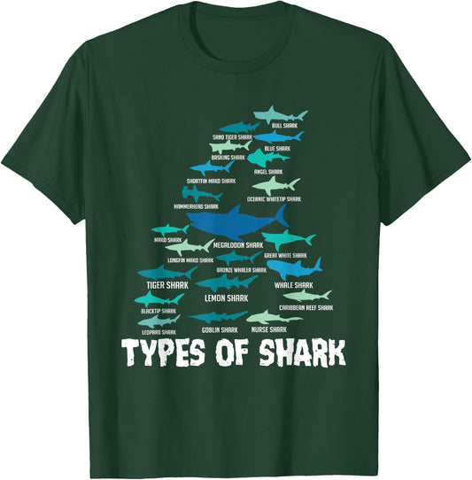 Types of Shark Megalodon Great White Nurse Shark T-Shirt - T-Shirt | Forest