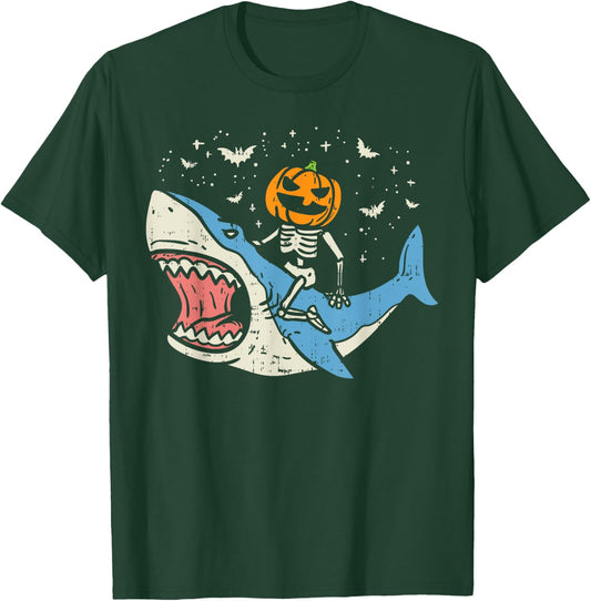 Pumpkin Skeleton Riding Shark Bats Halloween Costume Kids T-Shirt - T-Shirt | Forest