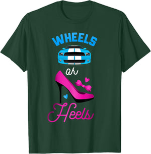 Baby shower gender reveal party t shirt Wheels or heels T-Shirt - T-Shirt | Forest