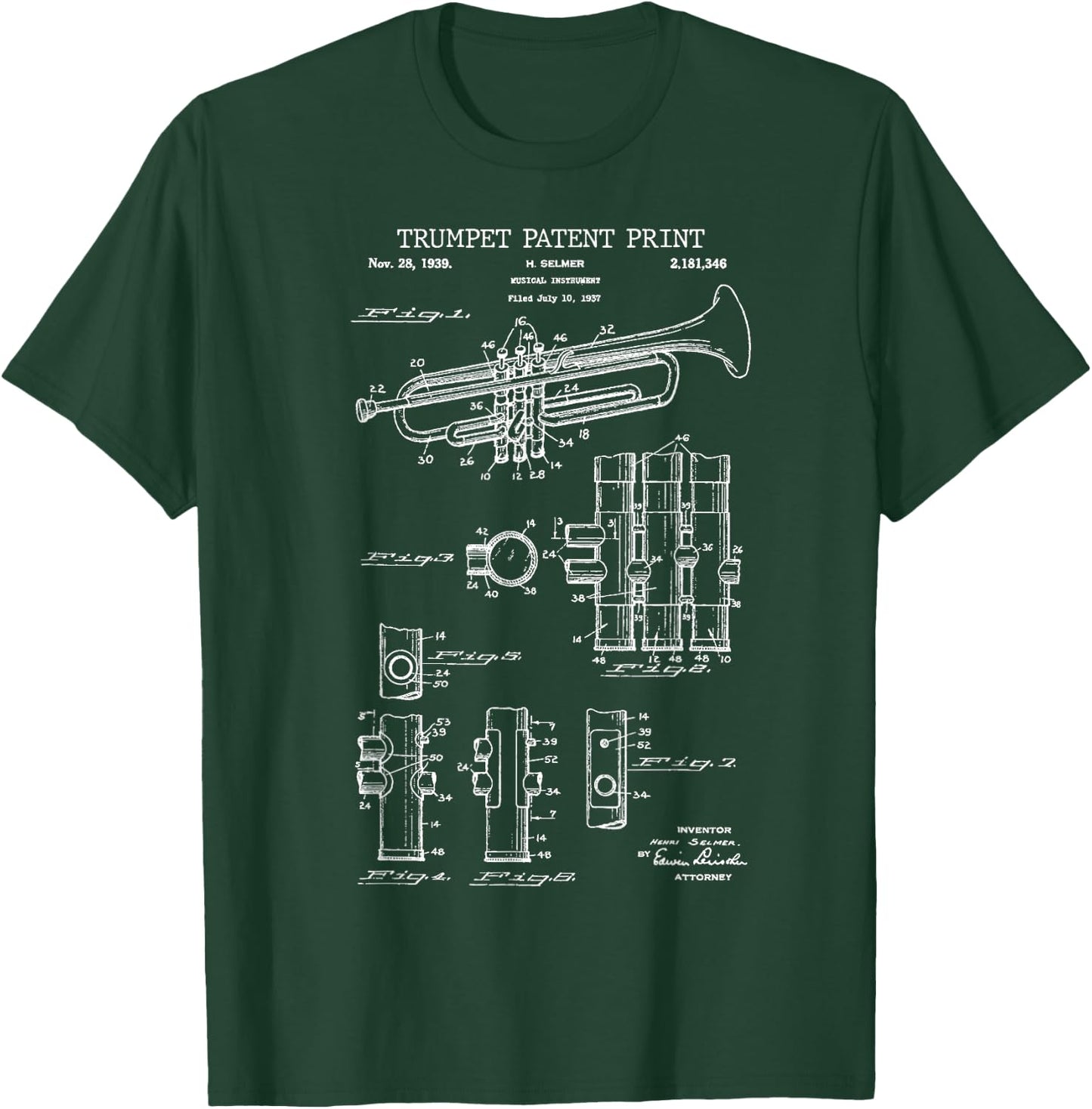 Trumpet Patent Print 1939 - Vintage Patent Music T-Shirt - T-Shirt | Forest