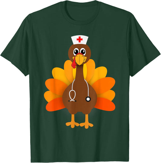 Thanksgiving Scrub Tops Women Turkey Nurse Holiday Nursing T-Shirt - T-Shirt | Forest