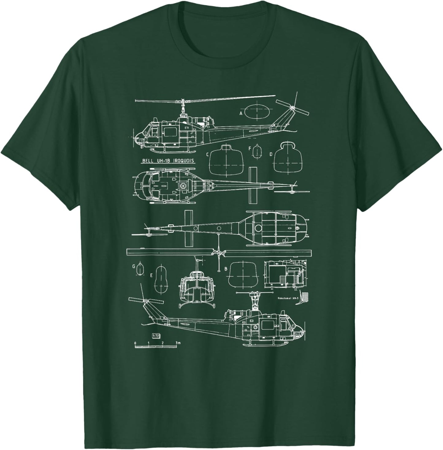 Bell UH-1 Huey Blueprint USA Veteran Military Aircraft Pilot T-Shirt - T-Shirt | Forest