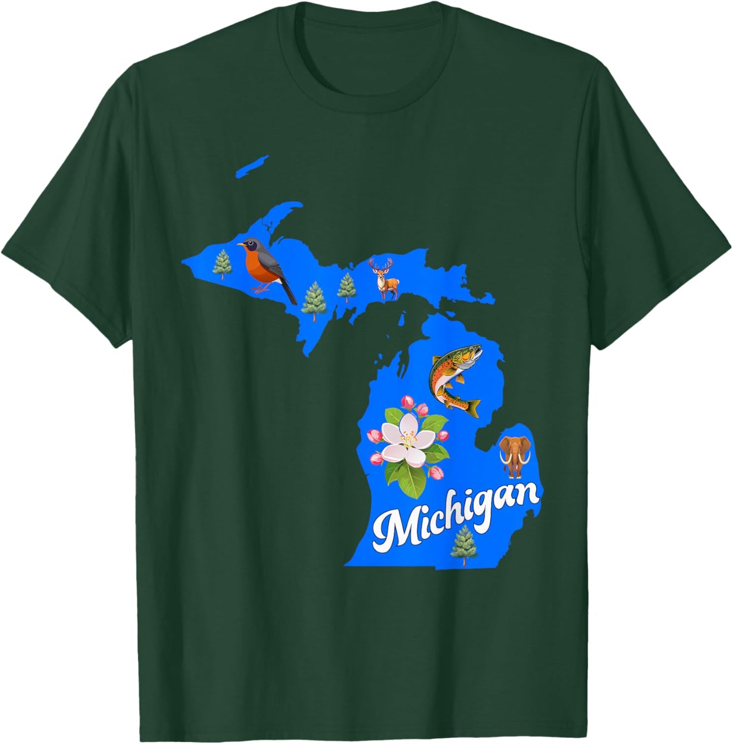 Michigan Map State Symbols Flower Bird Fish T-Shirt - T-Shirt | Forest