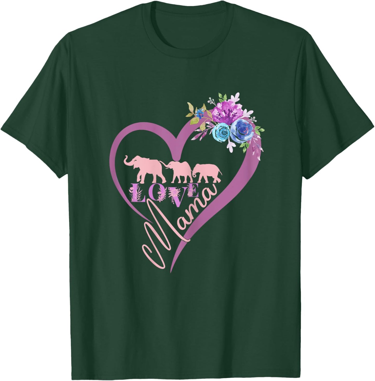 Floral Heart Pink Mama elephant and Two babies Calves T-Shirt - T-Shirt | Forest