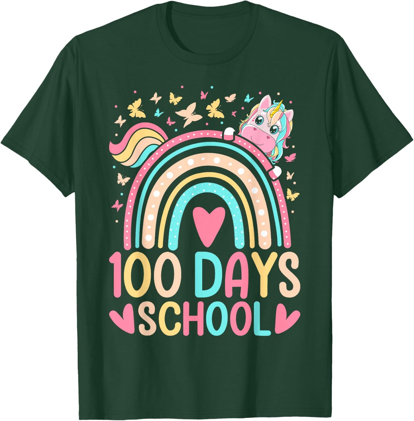 100 Days Of School Unicorn Rainbow Butterfly 100th Day Girls T-Shirt - T-Shirt | Forest
