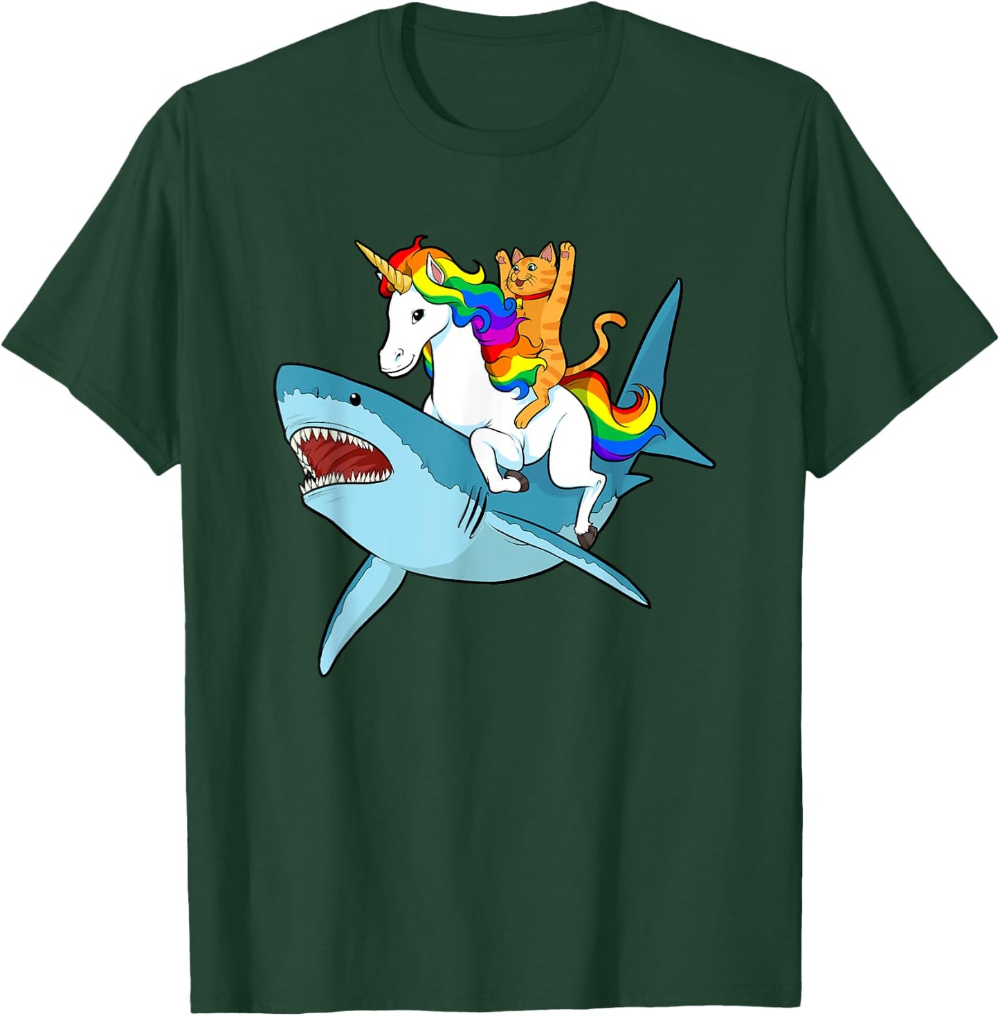 Cat Riding Unicorn Riding Shark Design T-Shirt - T-Shirt | Forest