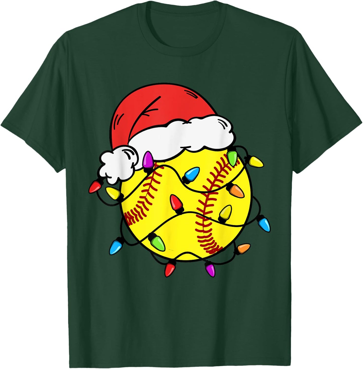 Softball Santa Claus Hat Christmas Light Softball Girls Kids T-Shirt - T-Shirt | Forest
