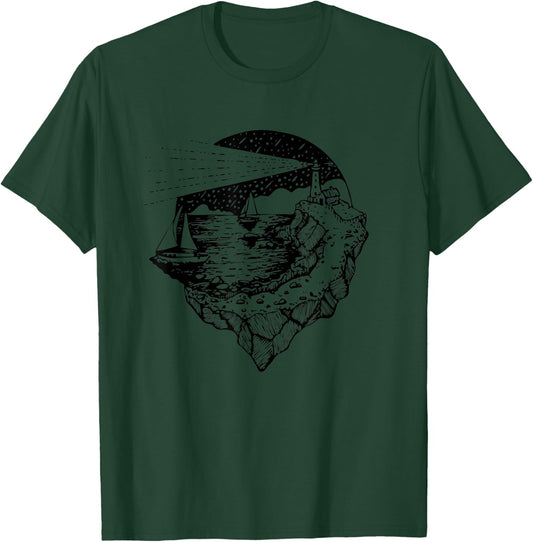 Sea, Sail and Lighthouse - Wild Nature Adventure Sailing T-Shirt - T-Shirt | Forest