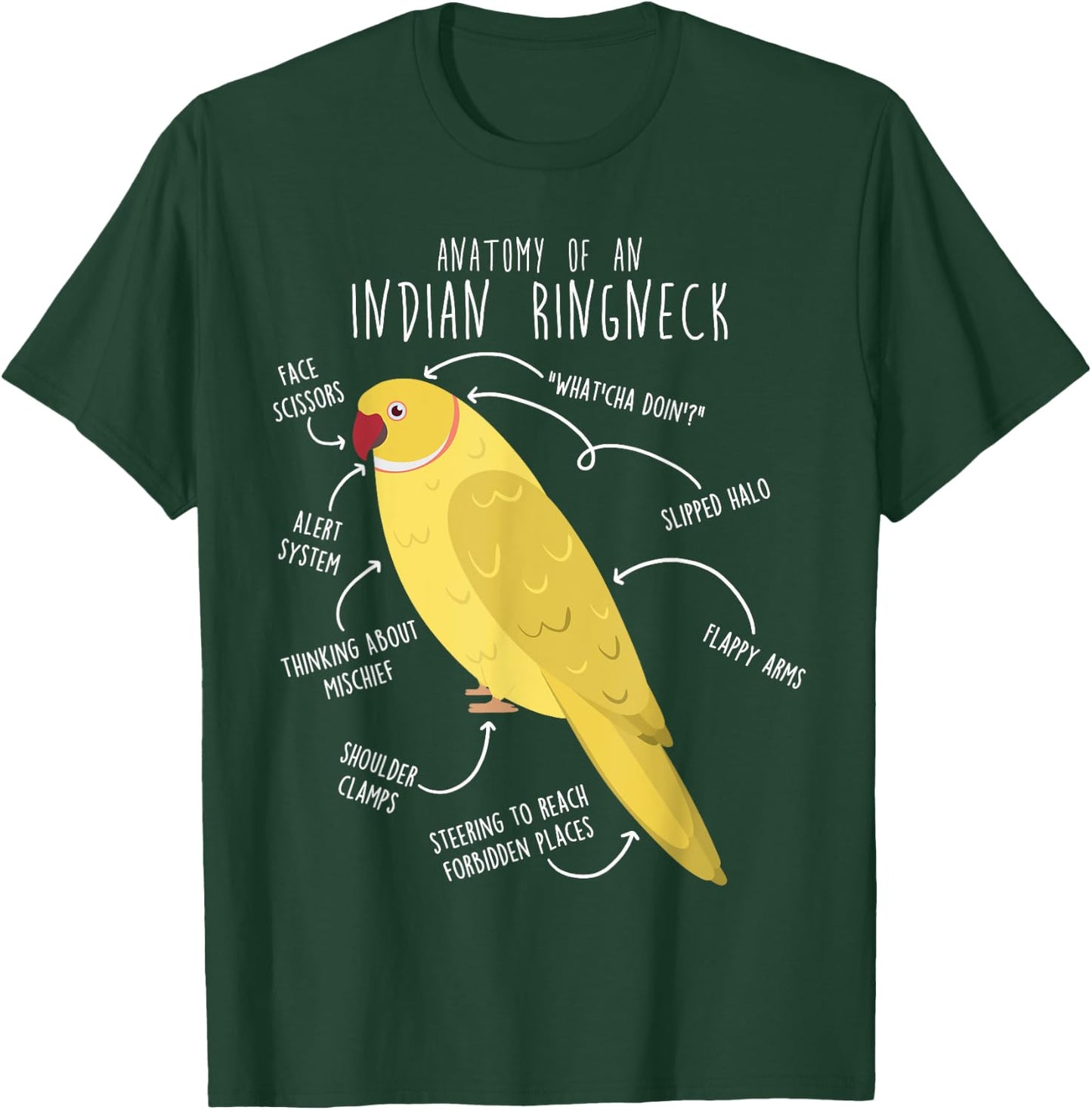 Indian Ringneck Parrot Anatomy Funny Pet Lutino Yellow Bird T-Shirt - T-Shirt | Forest