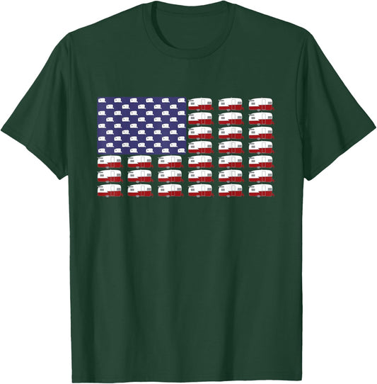 Vintage RV Camper Trailer American Flag T-Shirt - T-Shirt | Forest