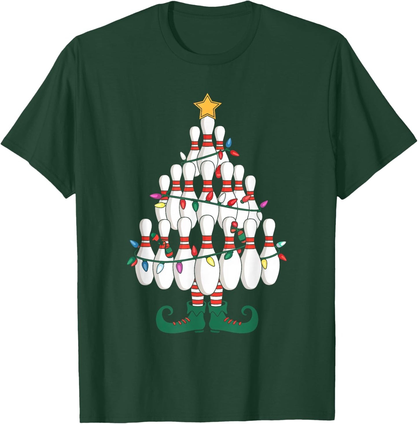 Bowling Elves Pin Strike Christmas Tree Lights Xmas Party T-Shirt - T-Shirt | Forest