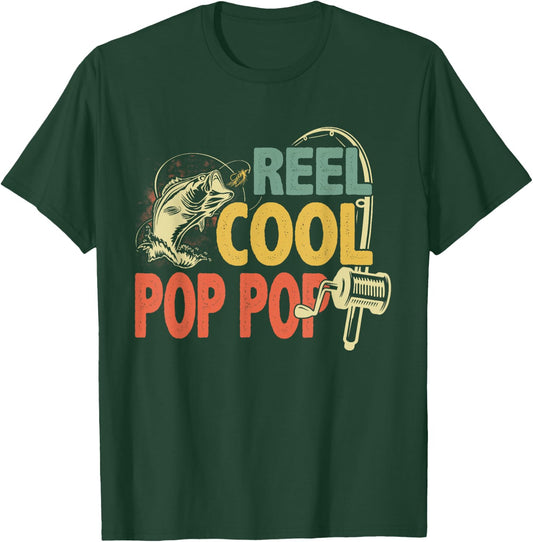 Vintage Reel Cool Pop Pop Fishing Fathers Day Fisher Grandpa T-Shirt - T-Shirt | Forest