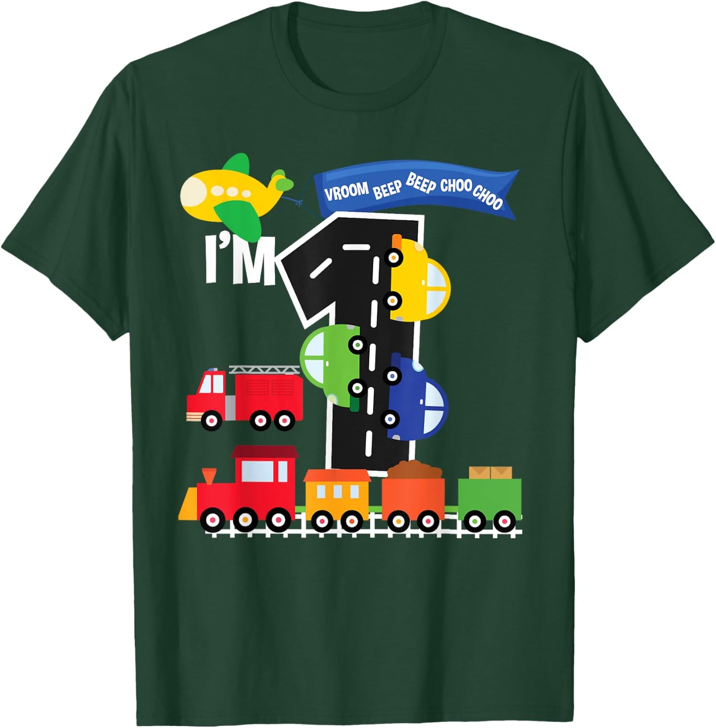 Transportation 1st Birthday Airplane Cars Fire Truck Train T-Shirt - T-Shirt | Forest