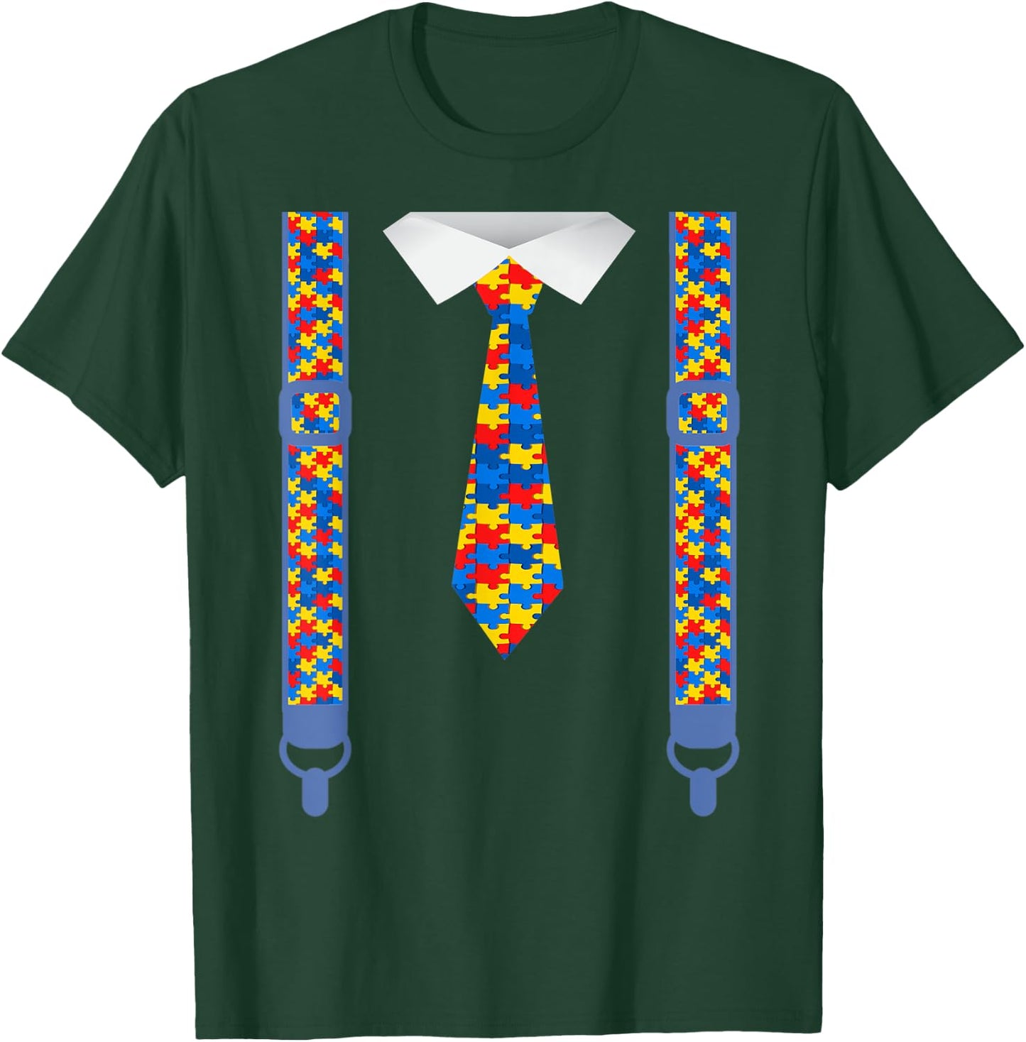 Autism awareness tie and suspenders Puzzle pieces T-Shirt - T-Shirt | Forest