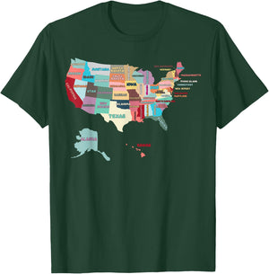 USA Map with States Names, United States US T-Shirt - T-Shirt | Forest