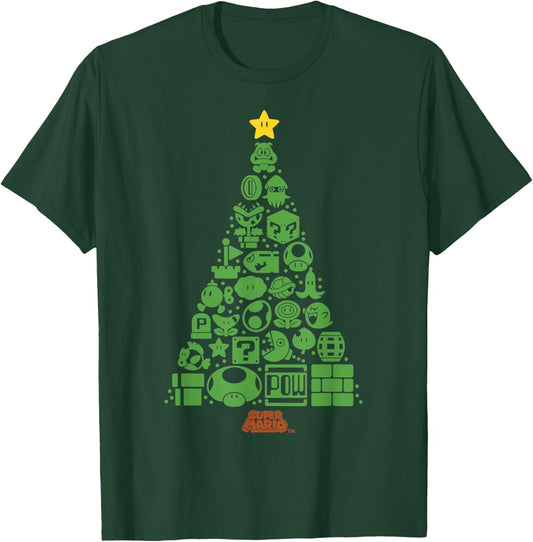 Super Mario Item Characters Christmas Tree Graphic Short Sleeve Black T-Shirt - T-Shirt | Forest