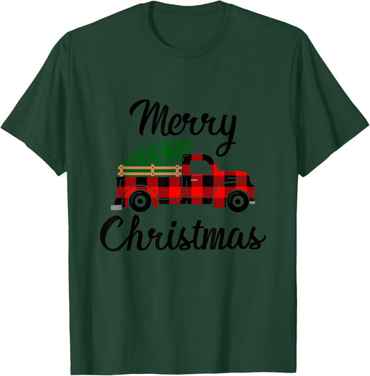 Merry Christmas - Tree On Buffalo Plaid Truck T-Shirt - T-Shirt | Forest