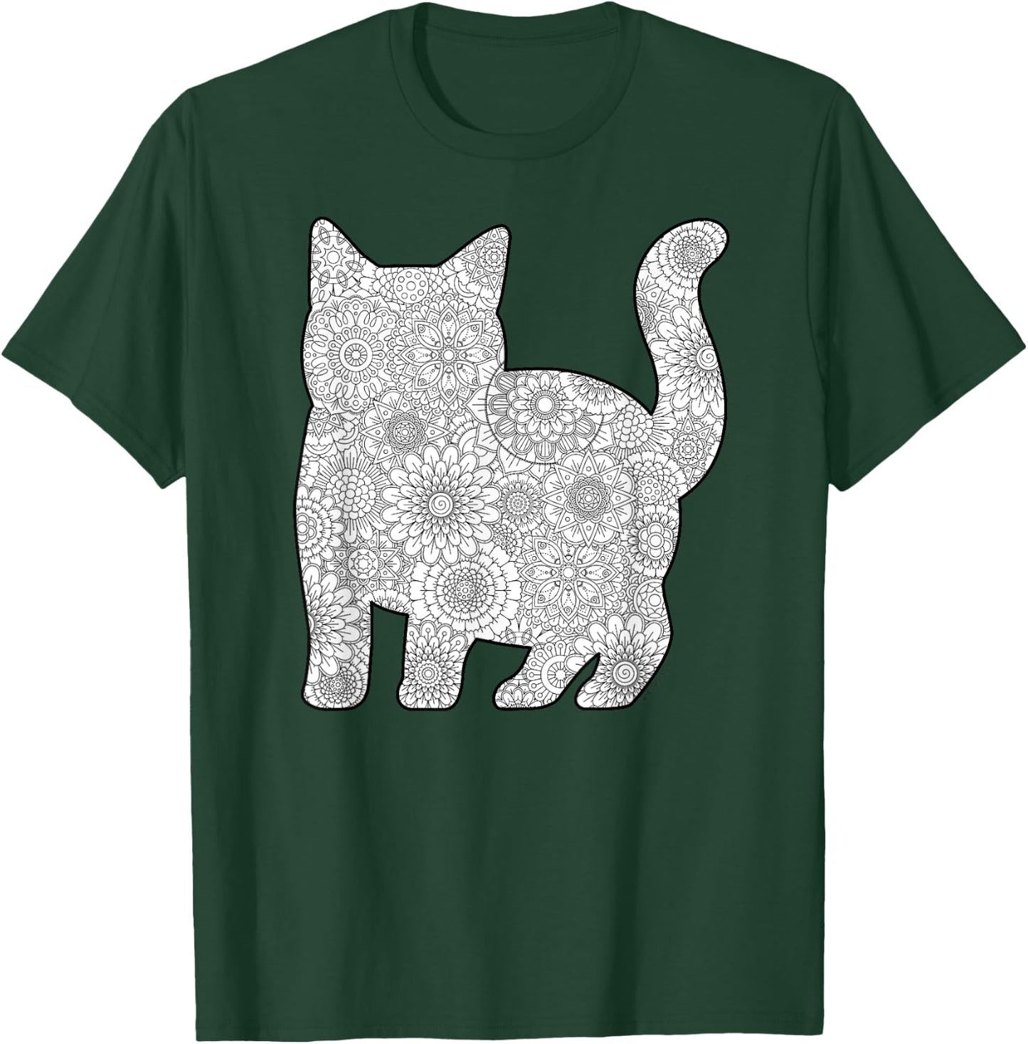 Adult Coloring Book - CAT Mandala Flowers T-Shirt - T-Shirt | Forest