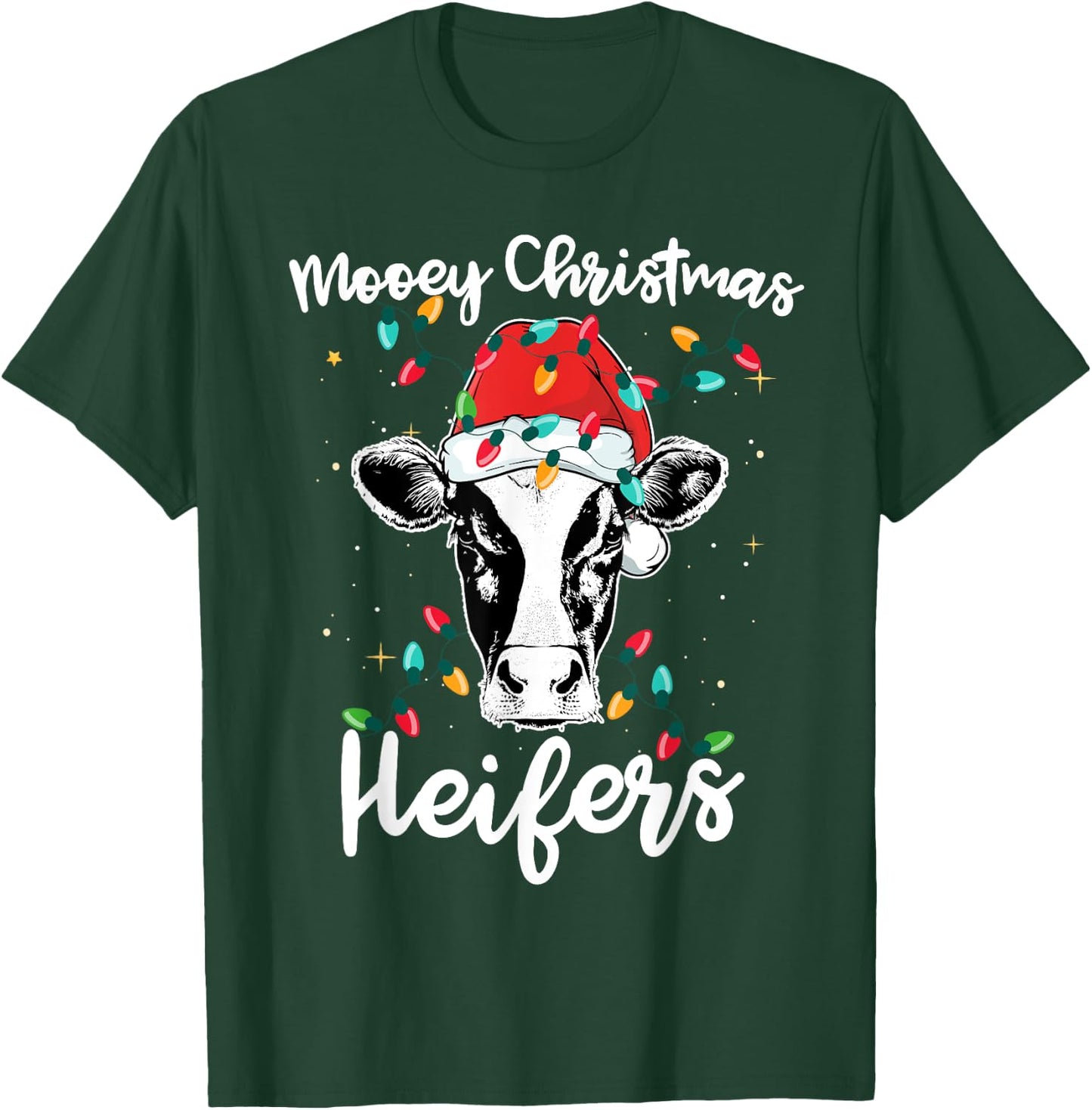 Mooey Christmas Heifers Santa Xmas Lights Cow Lovers T-Shirt - T-Shirt | Forest