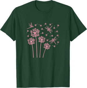 Pink Dandelion Flower Dragonfly Wildflower Women Girls T-Shirt - T-Shirt | Forest