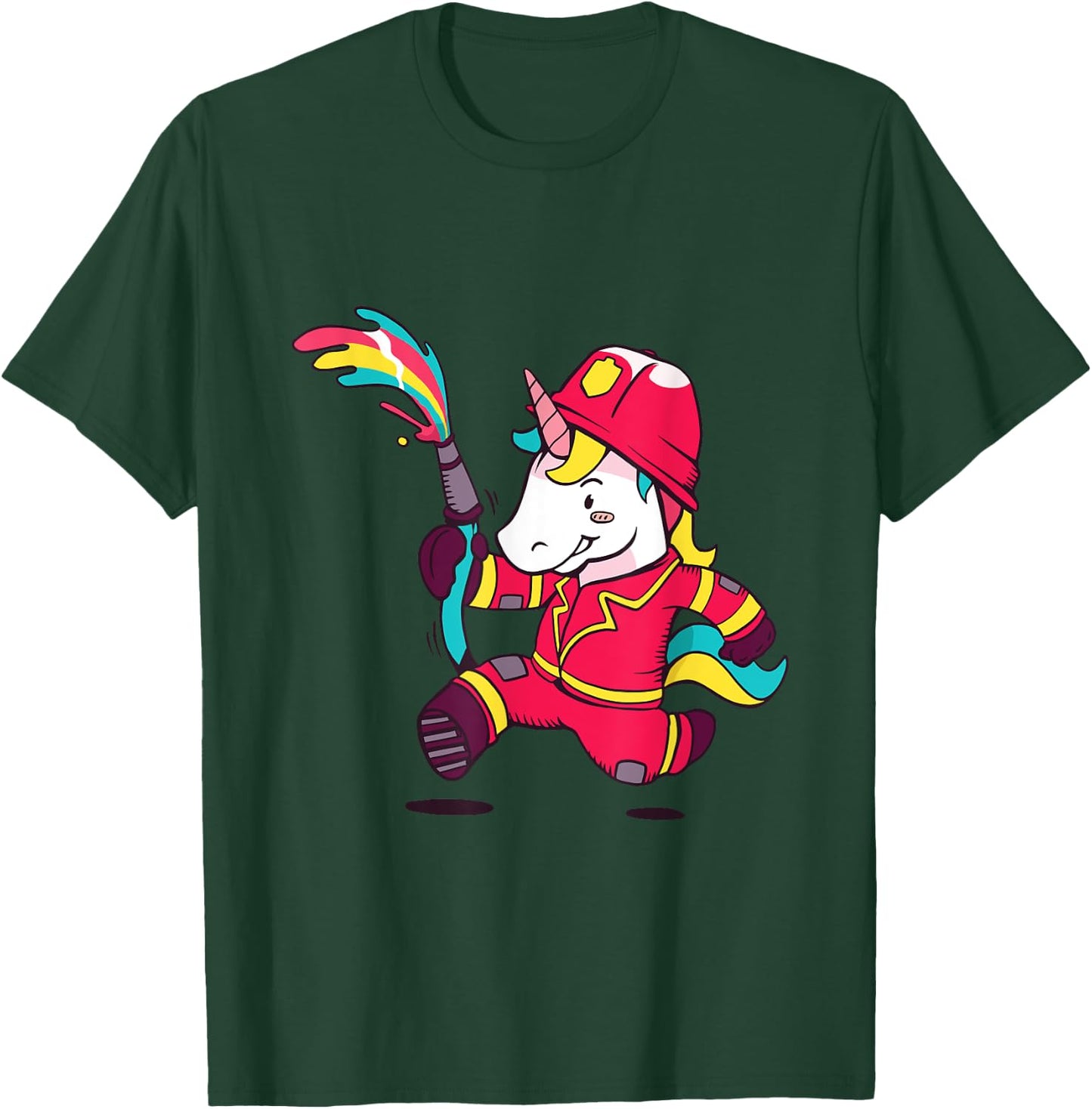 Cute Unicorn Fireman Cartoon Rainbow Unicorn T-Shirt - T-Shirt | Forest