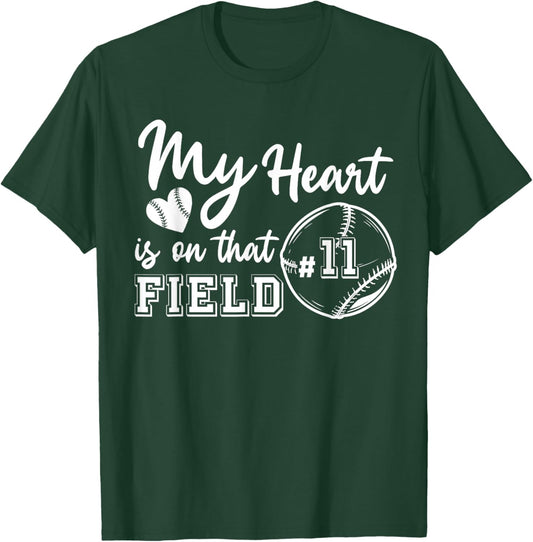 My Heart is on That Field Jersey Number 11 Baseball Player T-Shirt - T-Shirt | Forest