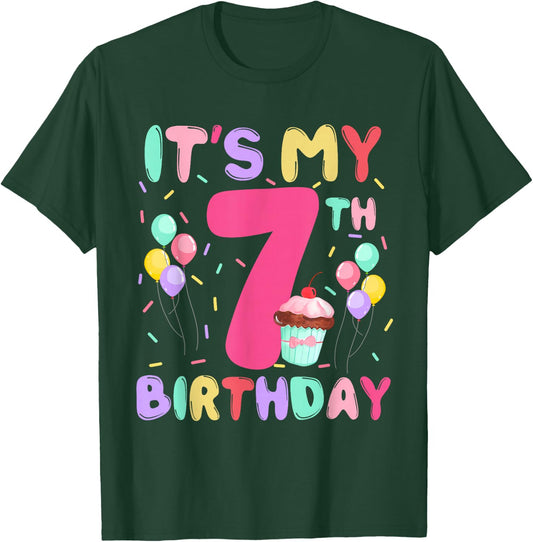 Kids Sweet Cupcake Its My 7th Birthday 7 Yr Old Bday Girls T-Shirt - T-Shirt | Forest
