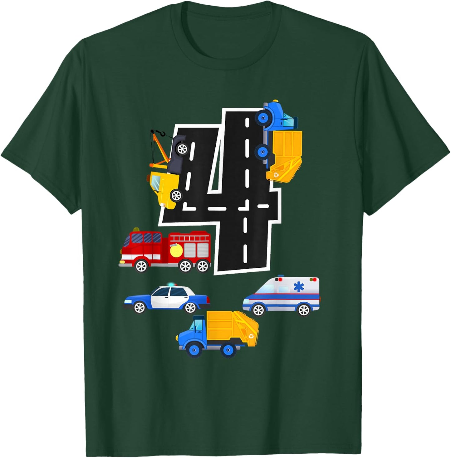 4th Birthday Boys Fire Truck Police Car 4 Year Old T-Shirt - T-Shirt | Forest