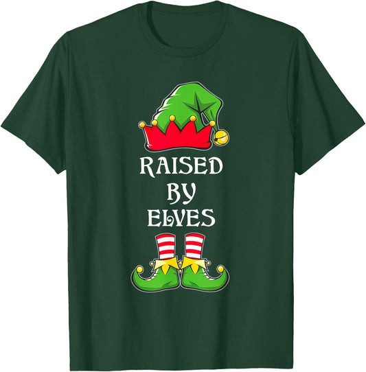 Funny Raised By Elves Christmas Elf Hat T-Shirt - T-Shirt | Forest