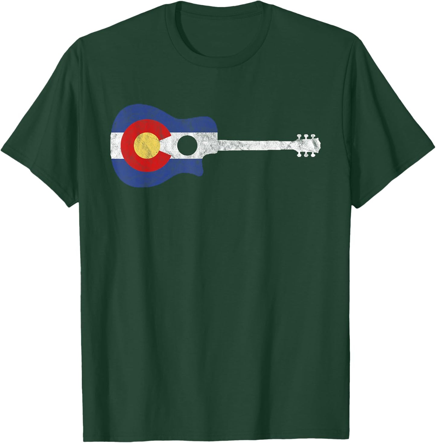 State Flag of Colorado Music - Distressed Acoustic Guitar T-Shirt - T-Shirt | Forest