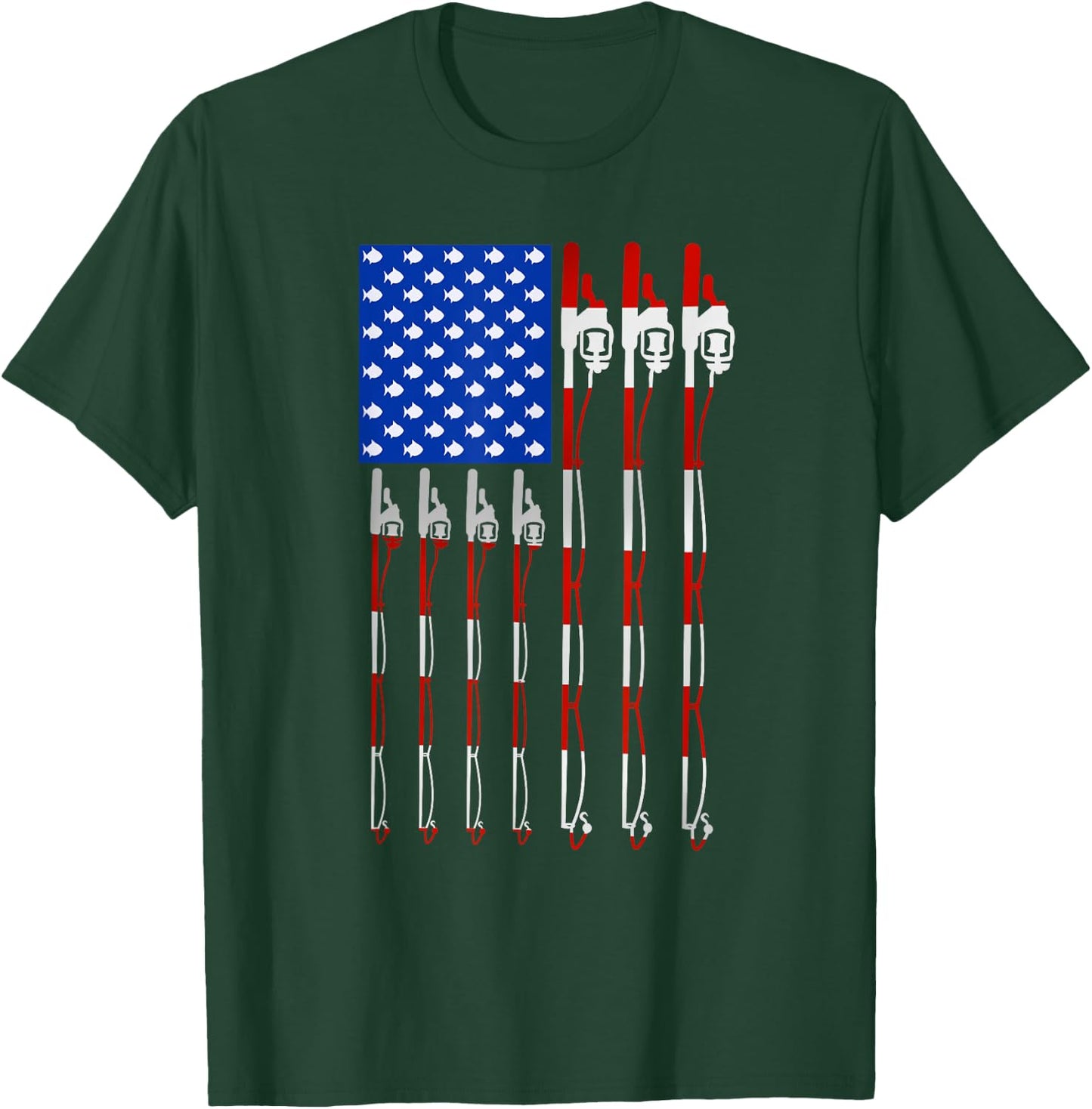 Patriotic Fishing American USA Flag Fishing Pole Women Kids Men T-Shirt - T-Shirt | Forest