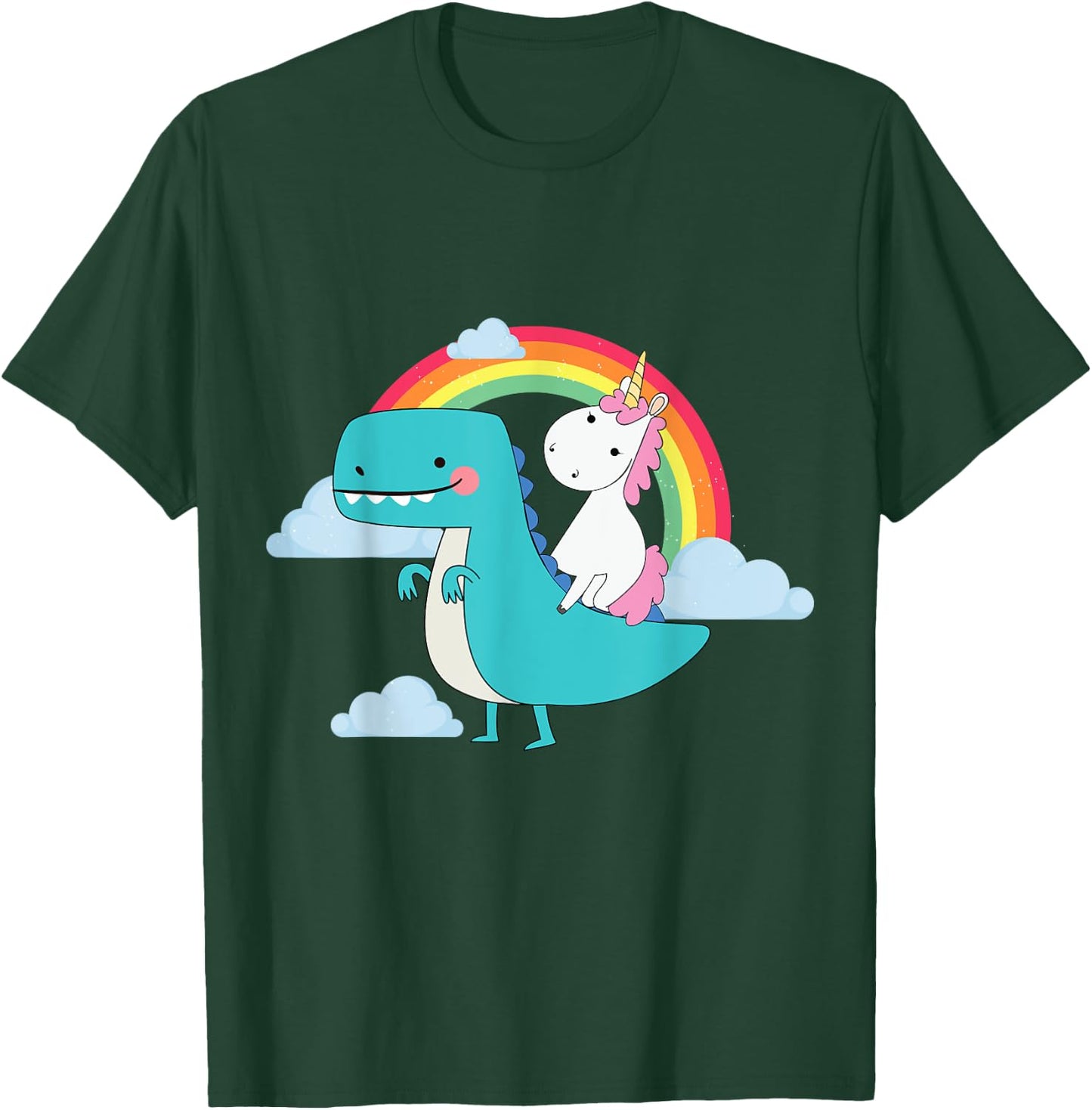 Unicorn Riding T-Rex Dinosaur Rainbow T-Shirt - T-Shirt | Forest