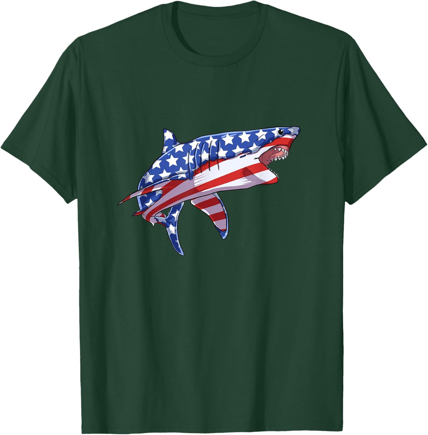 4th of July Shark American Flag USA Patriot Men Women Kids T-Shirt - T-Shirt | Forest