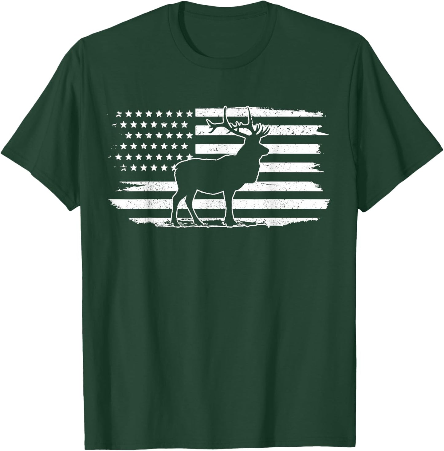 Elk American Flag Buck Deer Hunting Patriotic Hunter Gift T-Shirt - T-Shirt | Forest