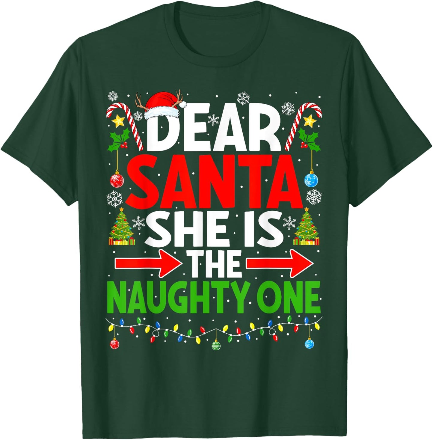 Dear Santa She's Naughty One Christmas Couple Pajama Couples T-Shirt - T-Shirt | Forest