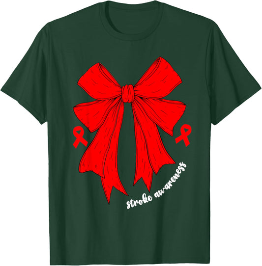 Stroke Awareness Month Women Stroke Survivor Coquette Bow T-Shirt - T-Shirt | Forest