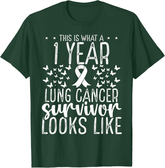 1 Year Lung Cancer Survivor Ribbon Lung Cancer Awareness T-Shirt - T-Shirt | Forest