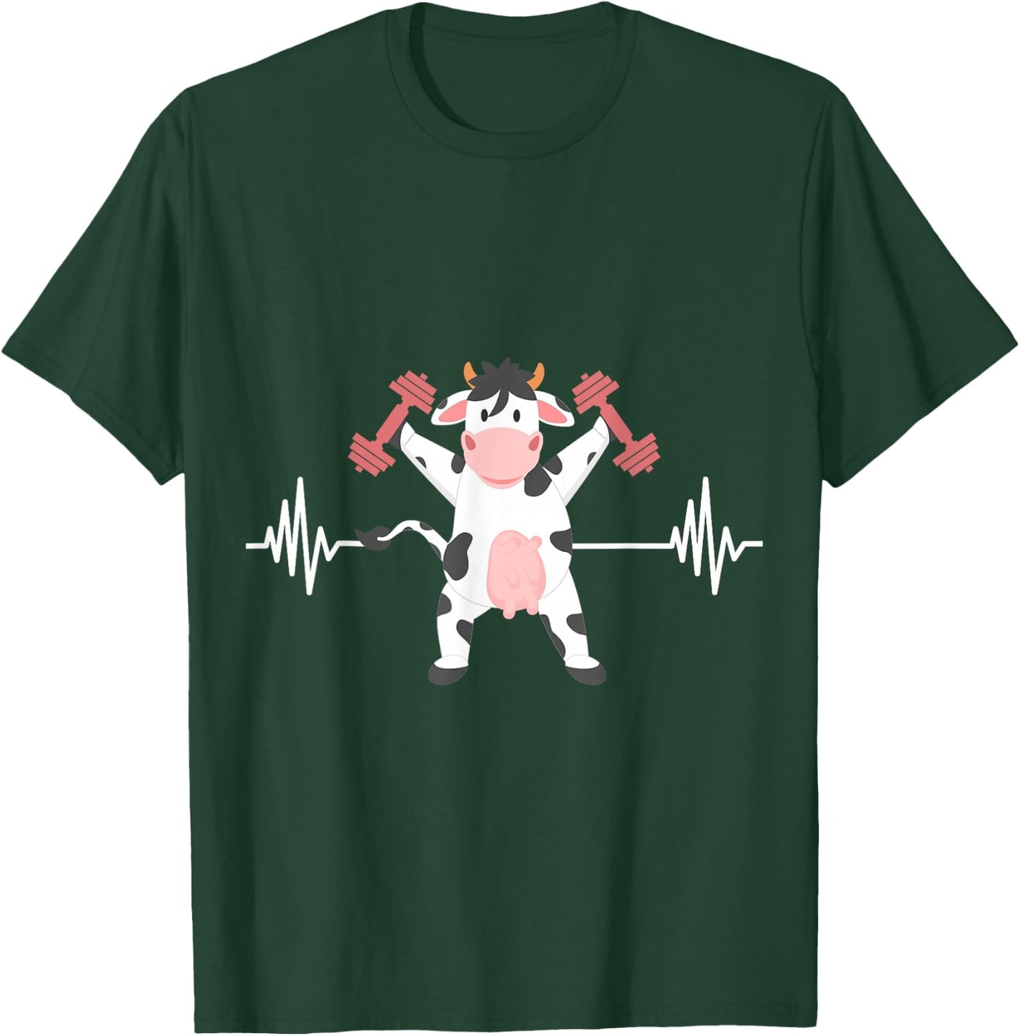 Weightlifter Strong Cow Valve ECG Heartbeat Heart Patient T-Shirt - T-Shirt | Forest